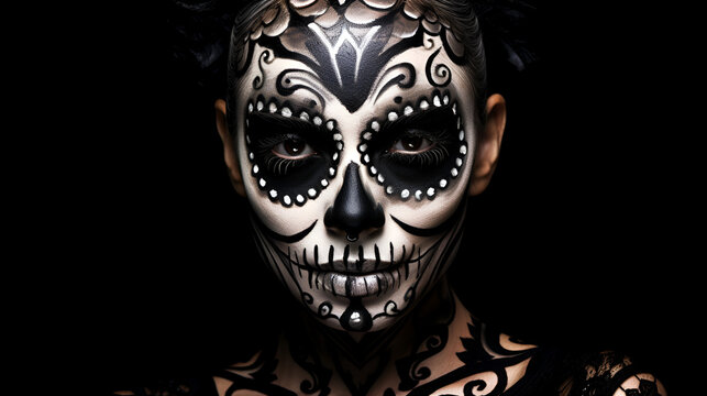 Beautiful woman with sugar skull makeup over dark background Halloween. generative ai