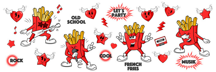 cartoon character  of French fries ,groovy retro food street , rock star French fries.