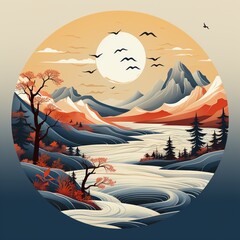 Tranquil Scene of Mountains and River in a Circular Frame