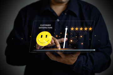 Digital Feedback & Satisfaction concept : Businessman Touching Virtual Screen and give Five Star...