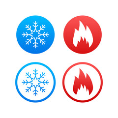 Cold and Heat Icons Set, Vector Illustration of Snowflake and Fire Symbols in Blue and Red, Climate and Temperature Concept