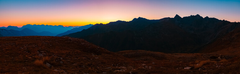 High resolution stitched alpine summer sunrise panorama at Mount Sechszeiger, Jerzens, Imst, Tyrol,...
