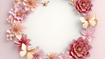 Naklejka na ściany i meble A pink and white paper photo frame with flowers on it. ai generative