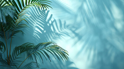 Fototapeta na wymiar Palm Leaves and Gentle Shadows on Light Blue