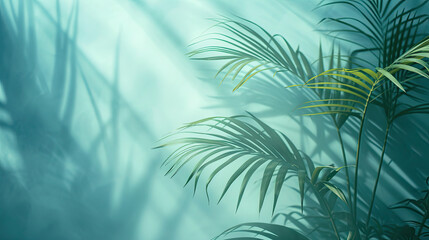 Palm Leaves with Blurred Shadows on Light Blue Wall