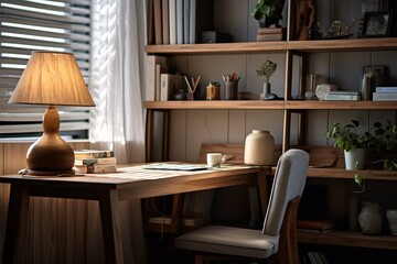 Panorama of a spacious home office interior with a bookcase with decorations next to a desk with a computer and white lamp. Real photo