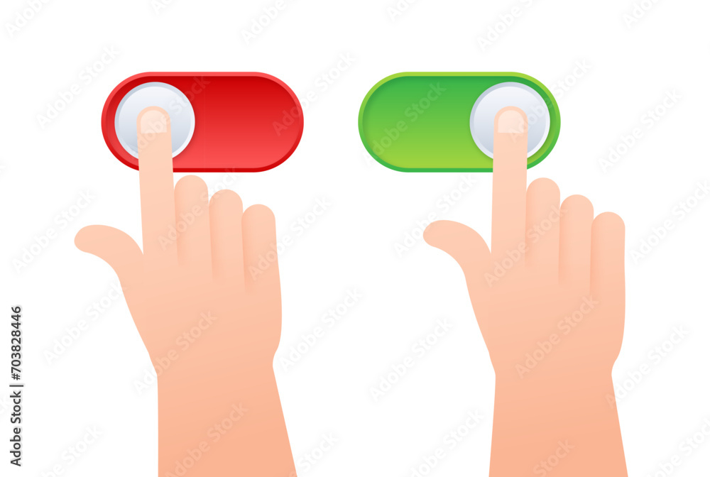 Poster hands interacting with red and green toggle switch buttons. vector stock illustration