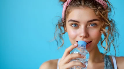 Papier Peint photo autocollant Fitness Fit and Refreshed: Woman taking a sip from a water bottle in fitness clothing on a blue background with space for text. Copy space. Active lifestyle and Wellness concept