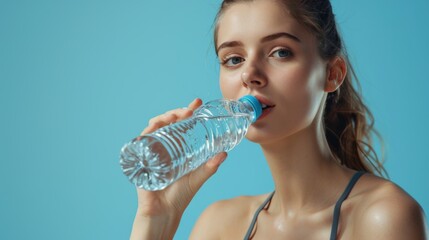 Fit and Refreshed: Woman taking a sip from a water bottle in fitness clothing on a blue background with space for text. Copy space. Active lifestyle and Wellness concept