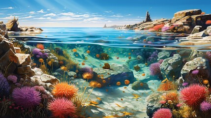 a scene highlighting the beauty of a vibrant tide pool teeming with marine creatures - obrazy, fototapety, plakaty
