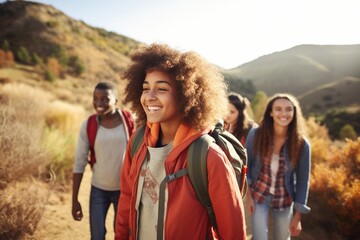 Group of diverse friends hiking in the mountains