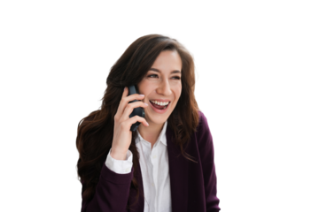 Laughing businesswoman in violet suit and white shirt talking by phone against transparent background toothy smiling, happy to get great news. Successful entrepreneur. Finance and business.