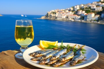 Grilled Sardines served in the restaurant at outdoor terrace with lemons and glass of white wine - obrazy, fototapety, plakaty