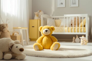 Soft teddy bear toys placed on yellow box near wooden crib at white soft carpet in light bedroom with window: