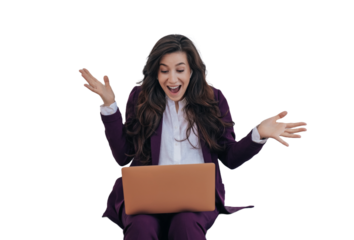 Yes! Amazed brunette woman in violet suit spread her hands in surprise expression with opened mouth, sitting against transparent background, remote video call, task completed