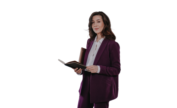 Confident brunette businesswoman in burgundy suit holds book looks at camera standing against transparent background, satisfied by career and achievements. - Powered by Adobe