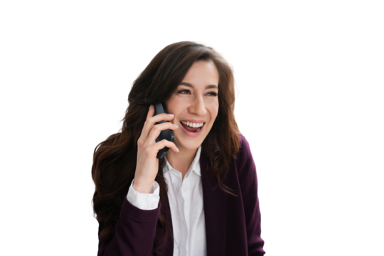 Laughing businesswoman in violet suit and white shirt talking by phone against transparent background toothy smiling, happy to get great news. Successful entrepreneur. Finance and business.