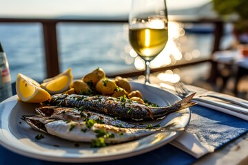 Grilled Sardines served in the restaurant at outdoor terrace with potatoes and glass of wine
