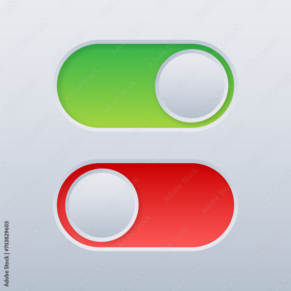 Poster green and red slider toggle buttons in a glossy design for user interface, on and off switch. vector