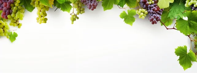 Fotobehang grapevine fruits and leaves as border on white background with copy space © Wolfilser