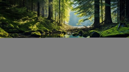 a scene highlighting the beauty of a serene forest reflected in a crystal-clear stream
