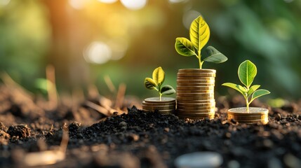 Growth in business financial investment, with upward trending graphs, currency symbols, and investment tools indicating increasing interest and profitability.