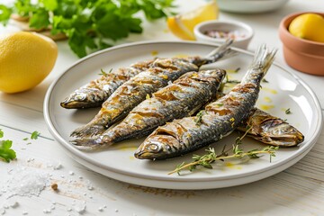 Sardines, lemon, greenery and salt on white plate on wooden kitchen table. Mediterranean cuisine