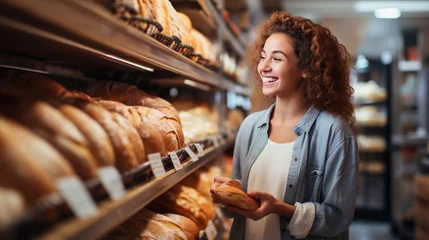 Poster Happy woman choosing bread in a bakery © Molostock