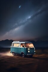 Fototapeta na wymiar Camper van on a road on a winding mountain road in winter. outdoor nature vacation concept. Picturesque park. Travel on epic road trip through mountains. Nomadic vanlife lifestyle. Life on the road