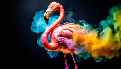 A flamingo made of colorful smoke - obrazy, fototapety, plakaty