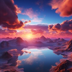 Fantasy landscape with mountains, lake and clouds