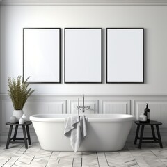 Fototapeta na wymiar Black and white bathroom interior with bathtub and three empty frames