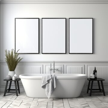 Black and white bathroom interior with bathtub and three empty frames