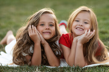 Two cute little sisters having fun together on the grass on a sunny summer day. Family time.