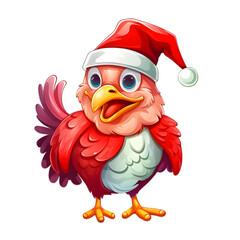 illustration christmas rooster with santa hat isolated on transparent background