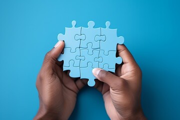 Blue puzzle pieces in hand,