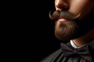 close up portrait of a persons mustache and beard in barbershop on solid black background. ai generative - obrazy, fototapety, plakaty