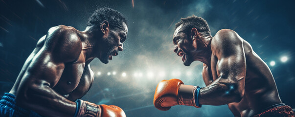Fototapeta na wymiar Two emotional strong black man boxers in dynamic action in boxing ring.