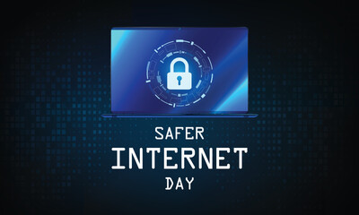 Safer Internet Day design. It features a computer with a pad lock symbol on the screen with blue digital background. Vector illustration