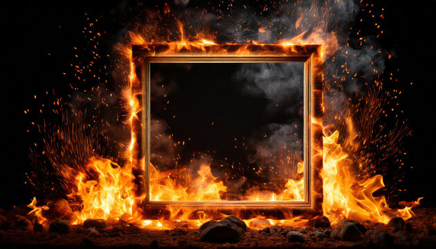 Picture frame in fire embers particles over black background