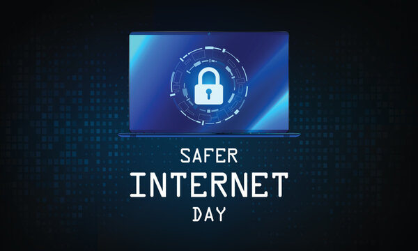 Safer Internet Day design. It features a computer with a pad lock symbol on the screen with blue digital background. Vector illustration