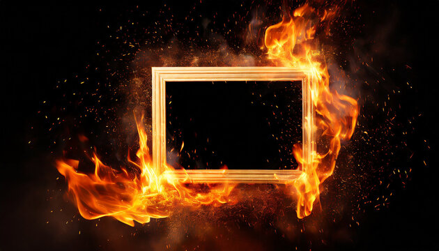 Picture frame in fire embers particles over black background