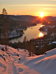 Serene winter sunset over a tranquil river. Winter landscape