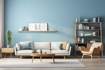 Wooden cabinet, beige corner sofa and book shelf on blue wall. Scandinavian home interior design of modern living room