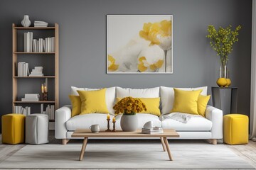 Wooden coffee table near white sofa with grey and yellow pillows against wall with shelves and poster frame. Modern cottage home interior design of modern living room