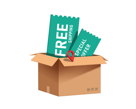 green free shipping promotion tag label and red pin location place in parcel box or cardboard box, vector 3d isolated on white background for delivery