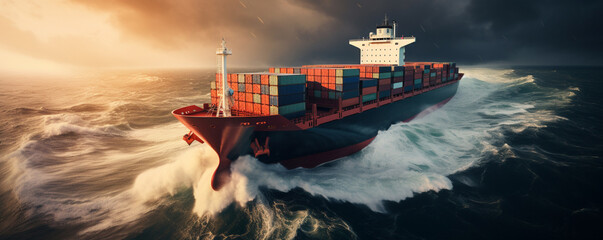 Cargo ship liner with containers on board in storm sea under sun