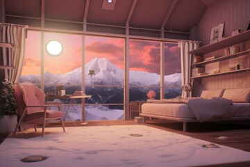 Zenithal view of room, cute, anime-style, retro, therapy room with mountain theme with nostalgic feel, cozy comfy minimal, mountain colors, window shows snowy mountain top,