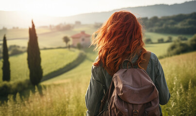 Female backpacker hiker traveling, walking alone under sunset light. Woman traveler enjoys with backpack hiking in mountains. Travel, adventure, relax, recharge concept. - obrazy, fototapety, plakaty