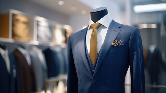 Elegant men's suit on a mannequin in a boutique. The suit is complemented with a tie and a pocket handkerchief. In the background you can see other suits neatly hung on hangers.